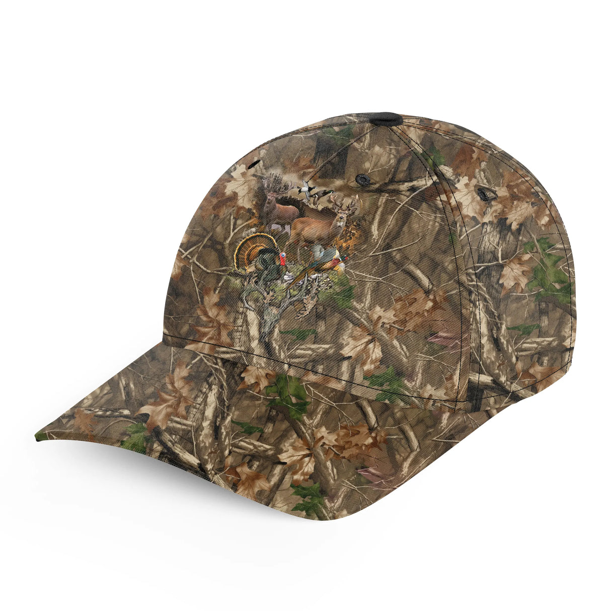 Casquette chasse au cerf camouflage forêt automnale, feuillages bruns ocre et verts