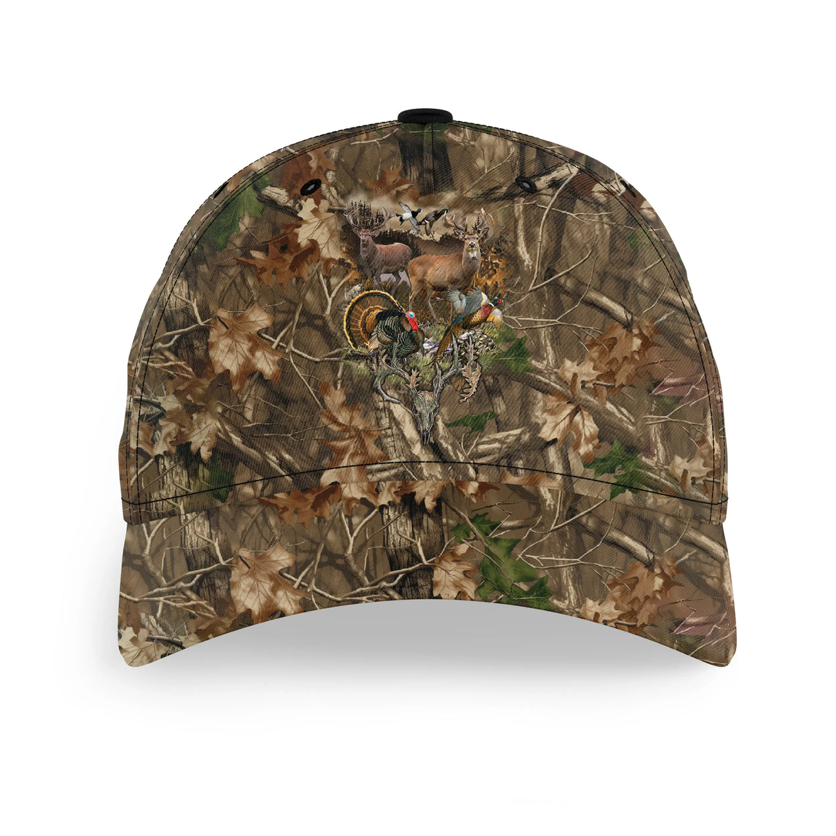 Casquette camouflage feuilles vue trois-quarts, rendu réaliste sous-bois pour chasse approche grand gibier, cadeau chasseur