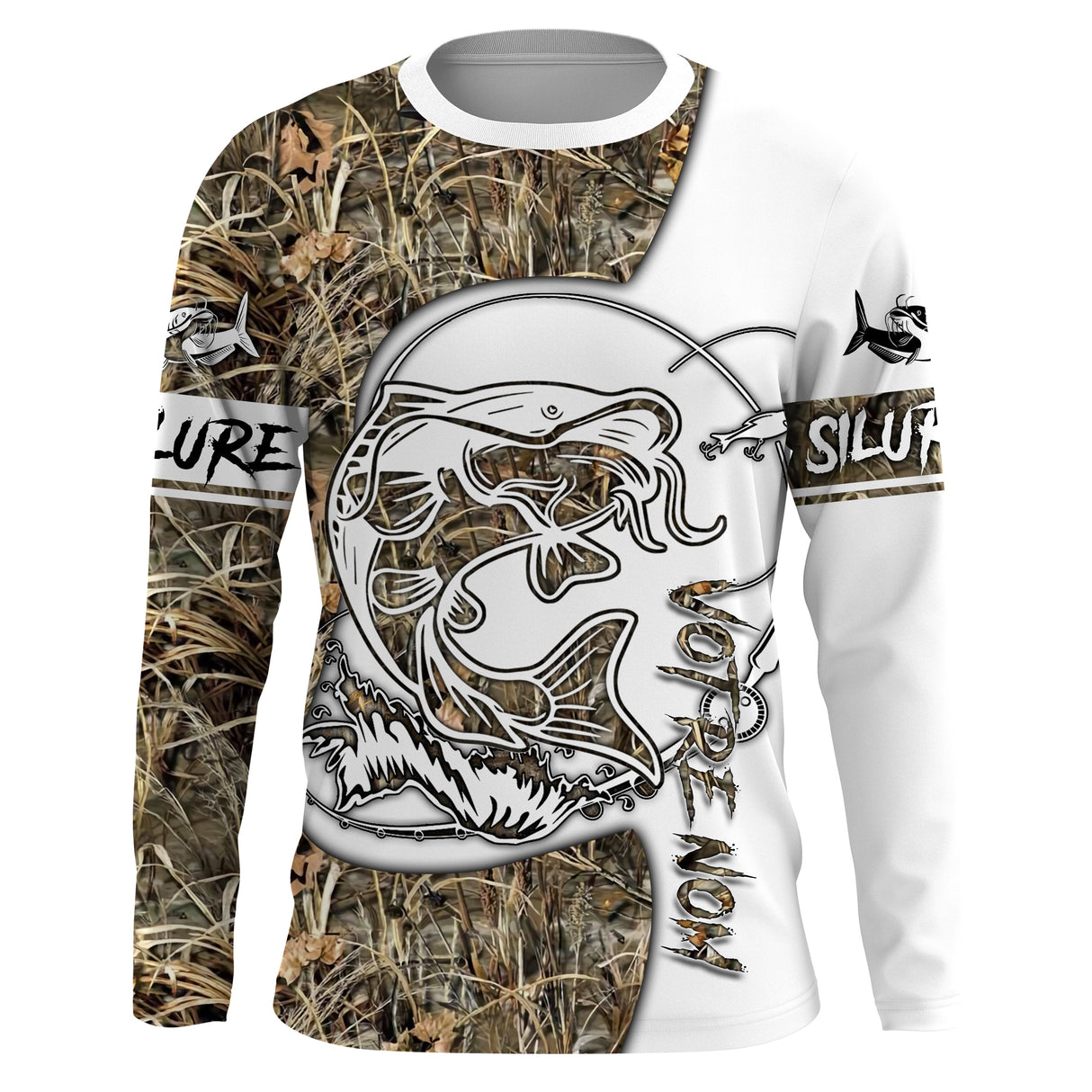 Maillot UV manches longues pêche silure tatouage bicolore camouflage prénom personnalisé