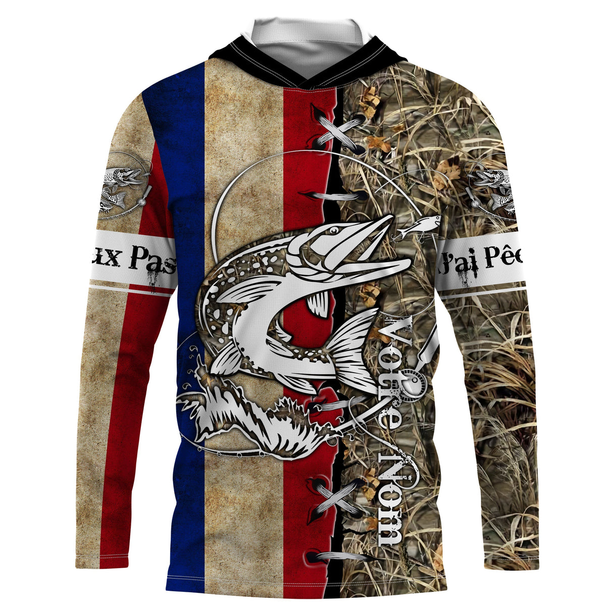 Sweat UV à capuche pêche brochet drapeau France bleu blanc rouge camouflage roseau prénom personnalisé, vue de face