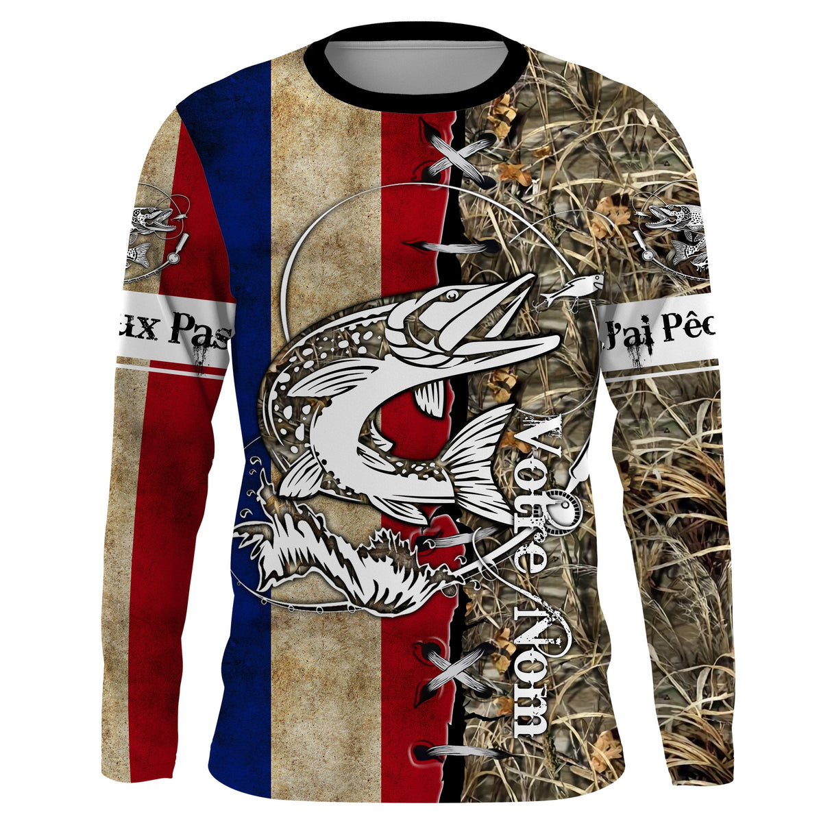 Maillot UV manches longues pêche brochet drapeau France bleu blanc rouge camouflage prénom personnalisé