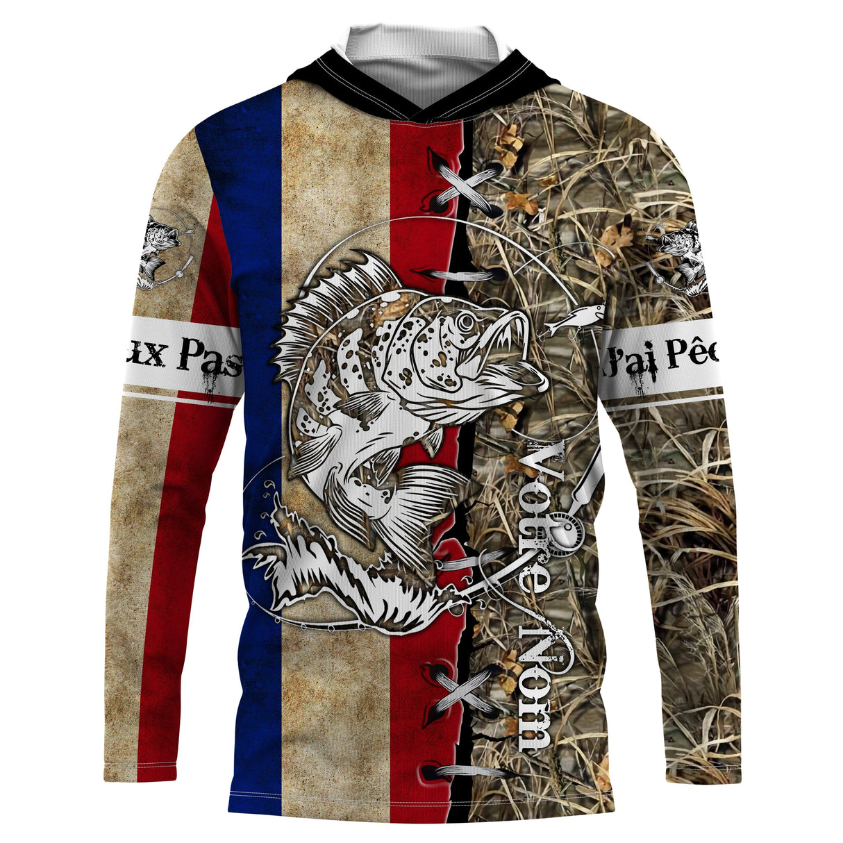 Sweat UV à capuche pêche perche drapeau France bleu blanc rouge camouflage roseau prénom personnalisé, vue de face