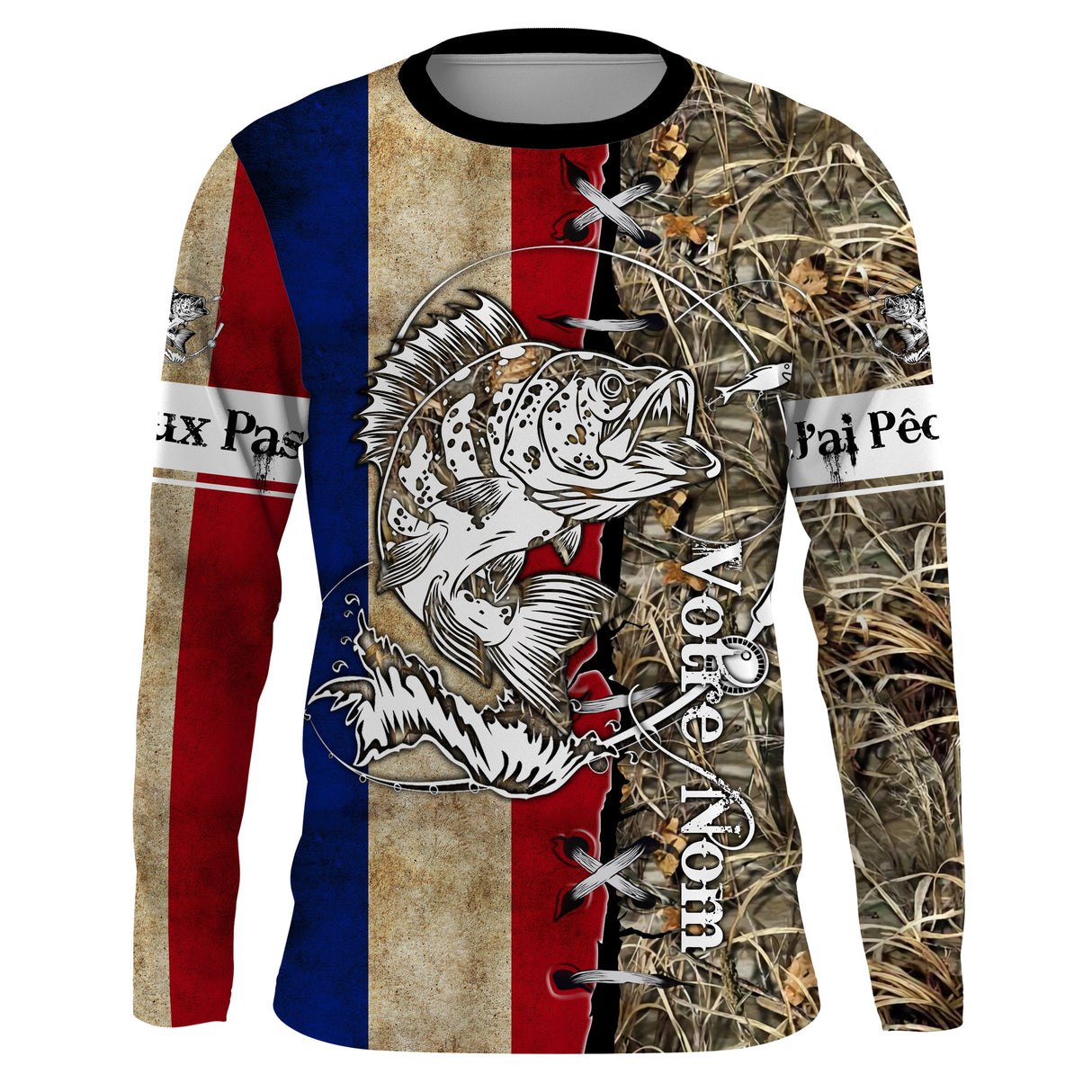 Maillot UV manches longues pêche perche drapeau France camouflage roseau prénom personnalisé