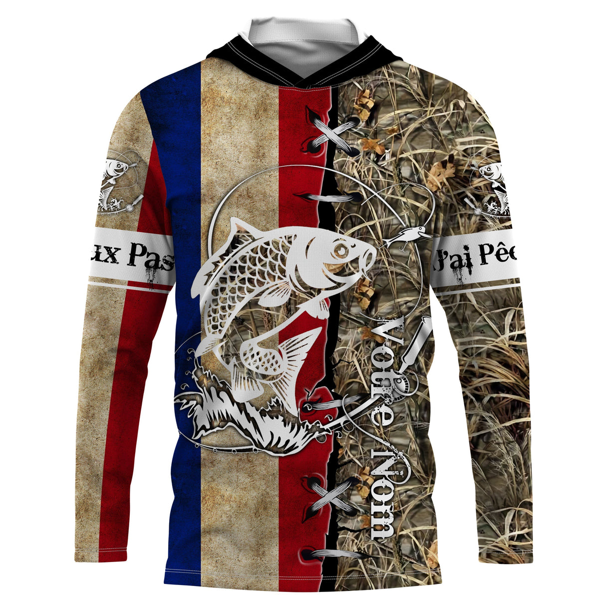 Maillot UV manches longues pêche carpe drapeau France bleu blanc rouge camouflage prénom personnalisé