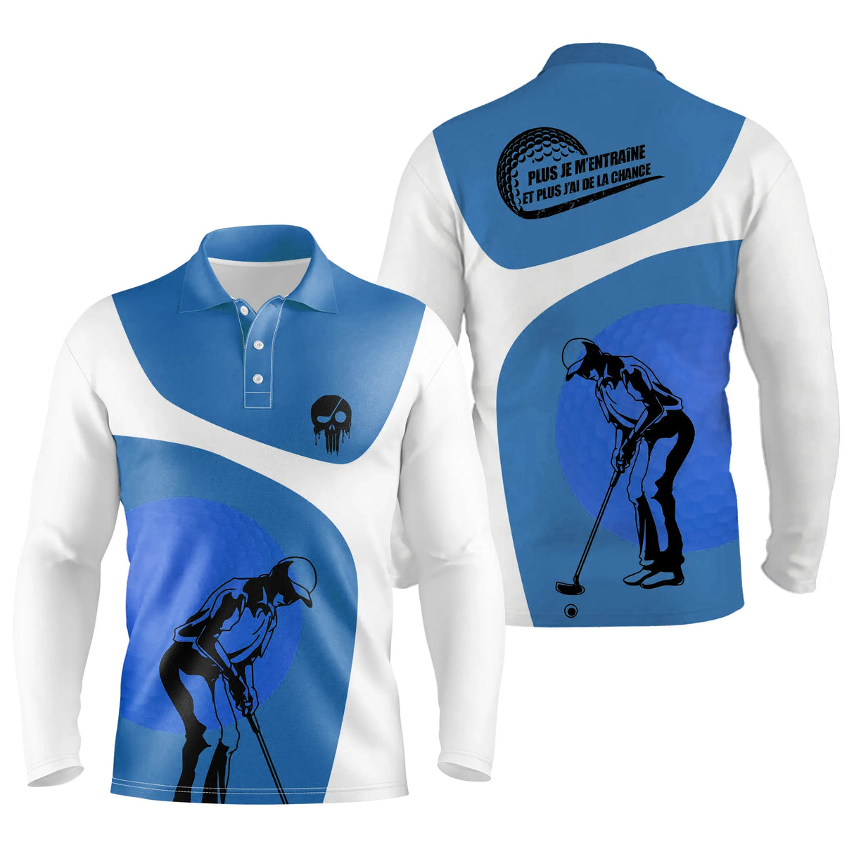 Polo manches longues golf unisexe bleu royal silhouette golfeur swing soleil tissu respirant