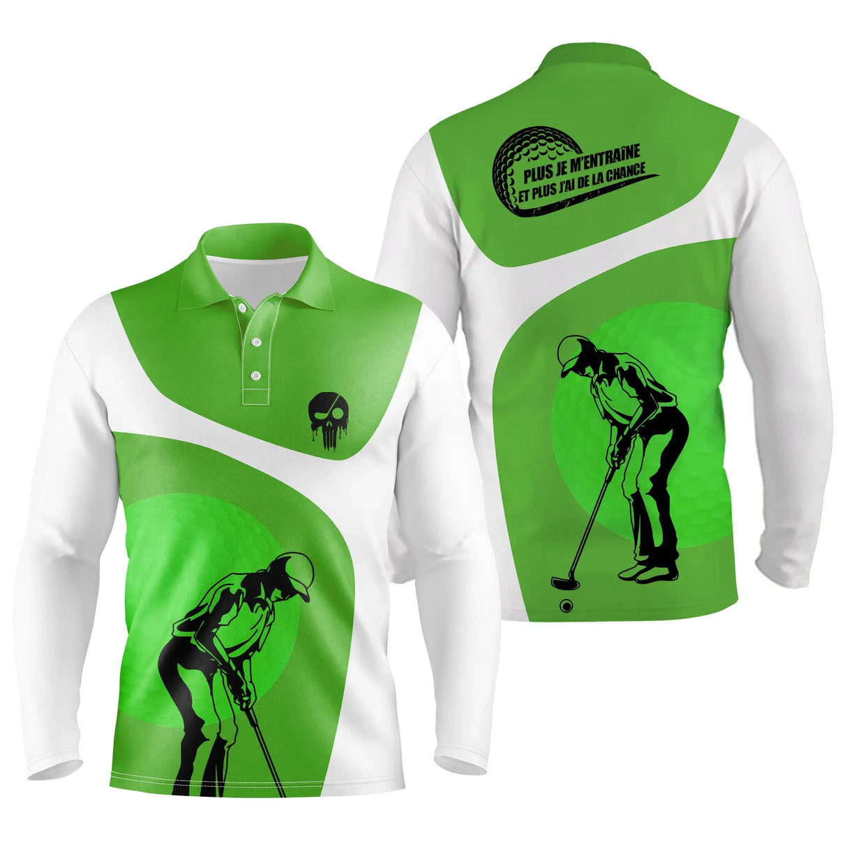 Polo manches longues golf unisexe vert prairie silhouette golfeur swing soleil tissu respirant