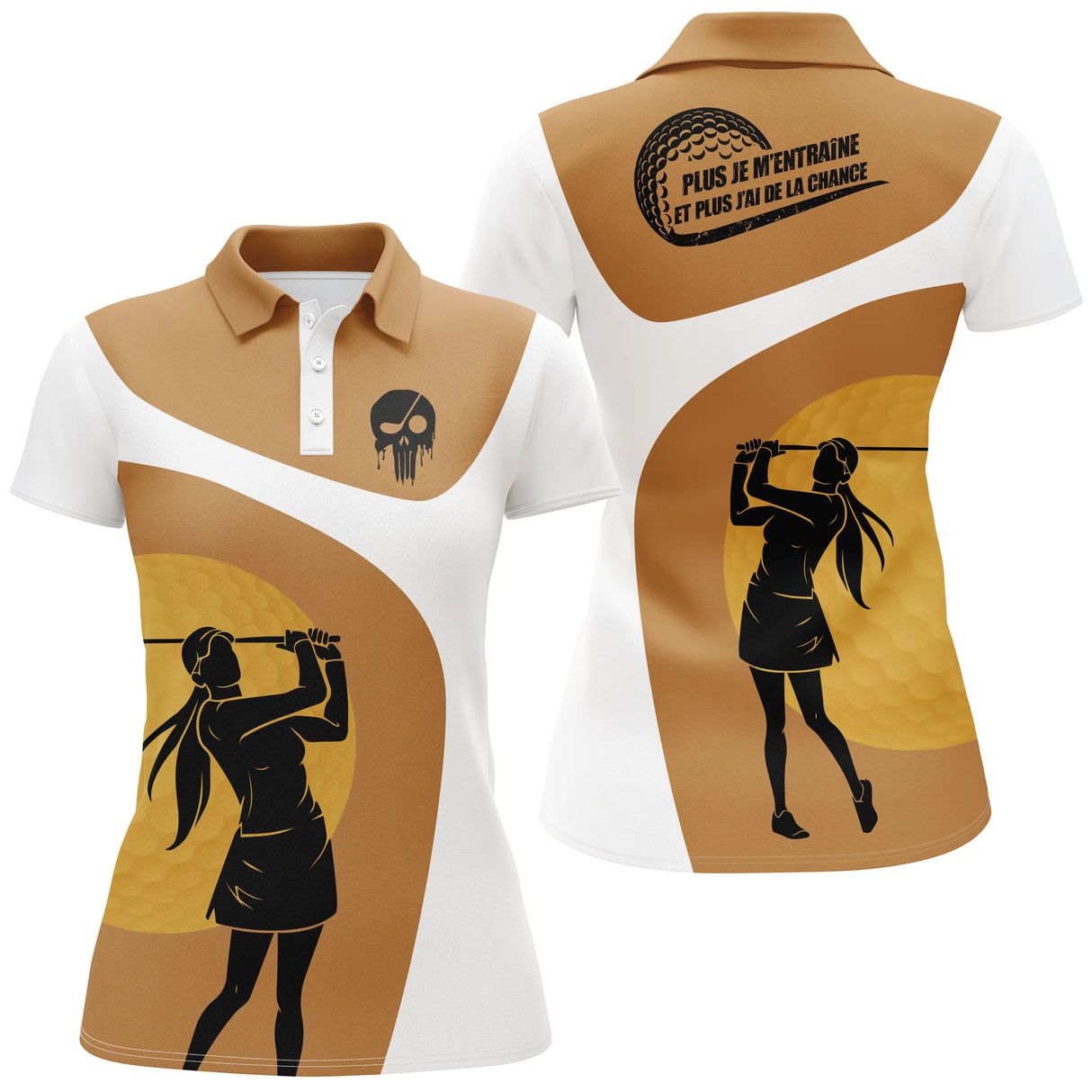 Polo golf femme marron terre silhouette golfeur swing soleil or coupe cintrée tissu respirant léger