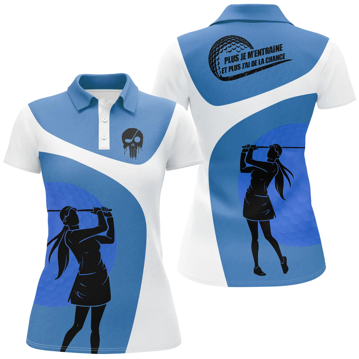 Polo golf femme bleu royal silhouette golfeur swing soleil or coupe cintrée tissu respirant léger