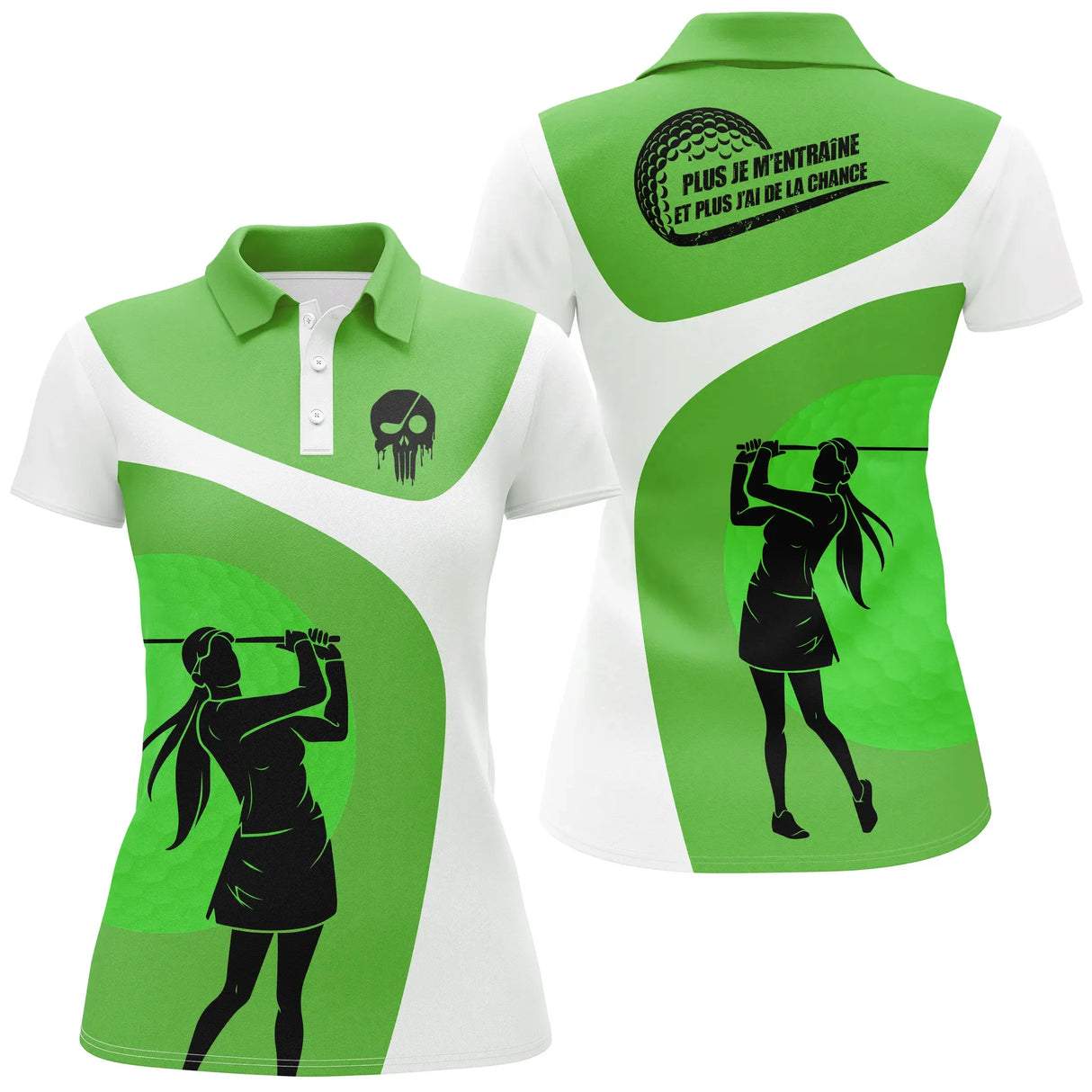 Polo golf femme vert prairie silhouette golfeur swing soleil or coupe cintrée tissu respirant léger