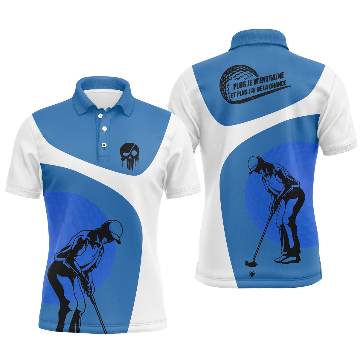 Polo golf homme bleu royal silhouette golfeur swing soleil or stylisé insert balle de golf coupe ajustée