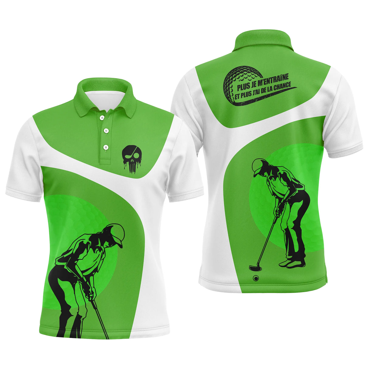 Polo golf homme vert prairie silhouette golfeur swing soleil or stylisé insert balle de golf séchage rapide