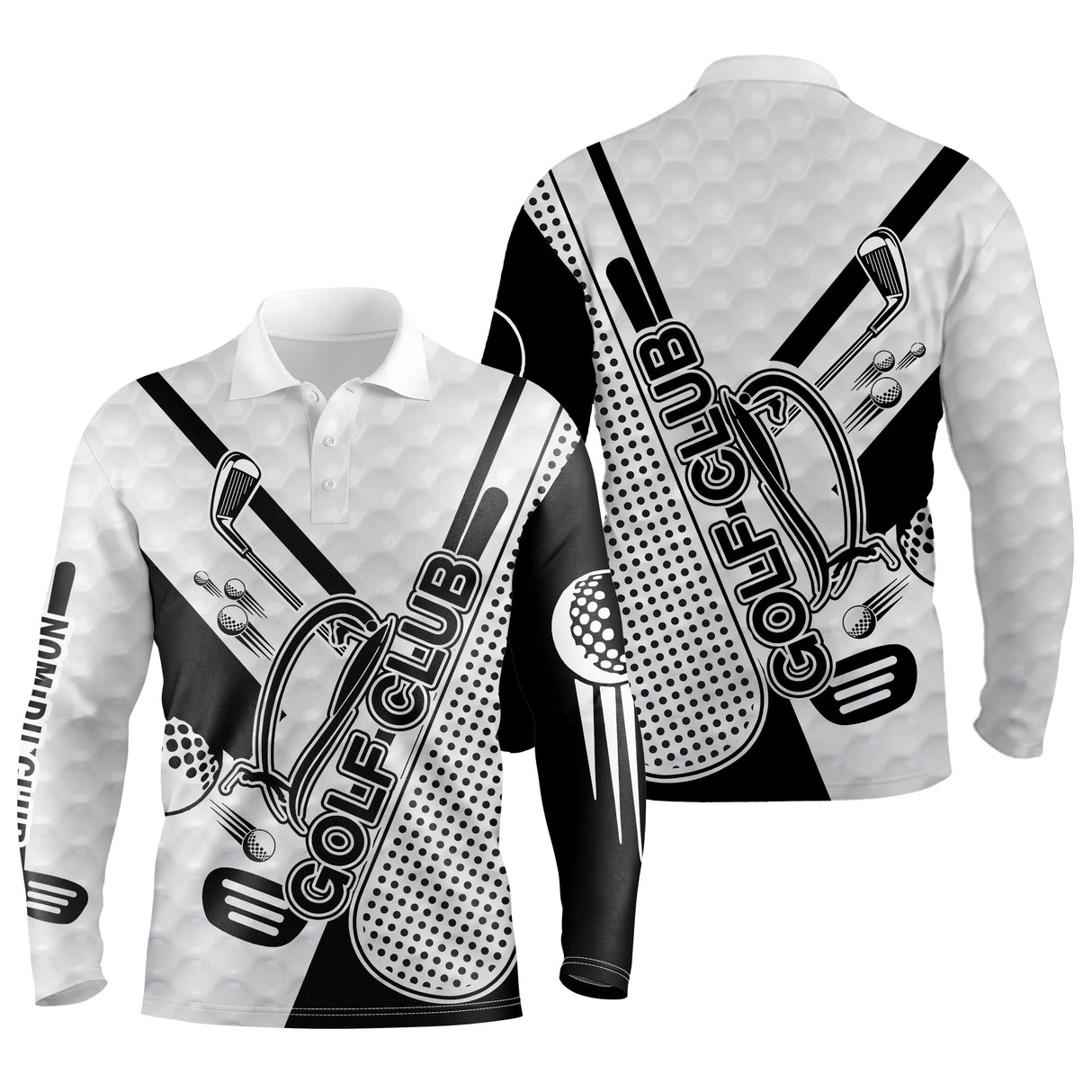 Polo manches longues golf unisexe noir blanc clubs croisés inscription Golf Club tissu technique respirant