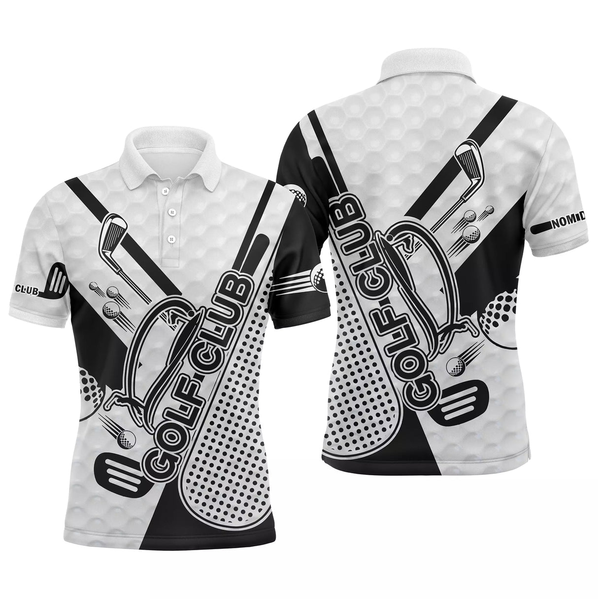 Polo golf homme noir et blanc texture balle de golf clubs croisés inscription Golf Club centrée coupe ajustée