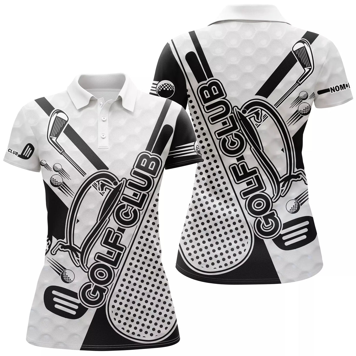 Polo golf femme noir et blanc clubs croisés inscription Golf Club coupe cintrée tissu respirant