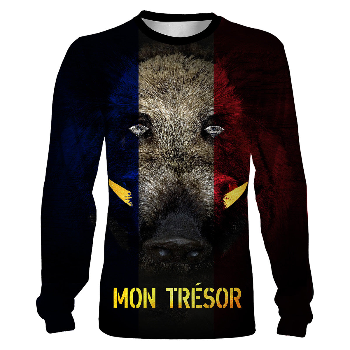 T-shirt manches longues chasse sanglier tête drapeau France Mon Trésor