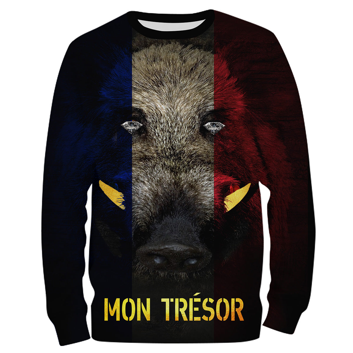 Sweater all-over chasse sanglier tête drapeau France Mon Trésor doré