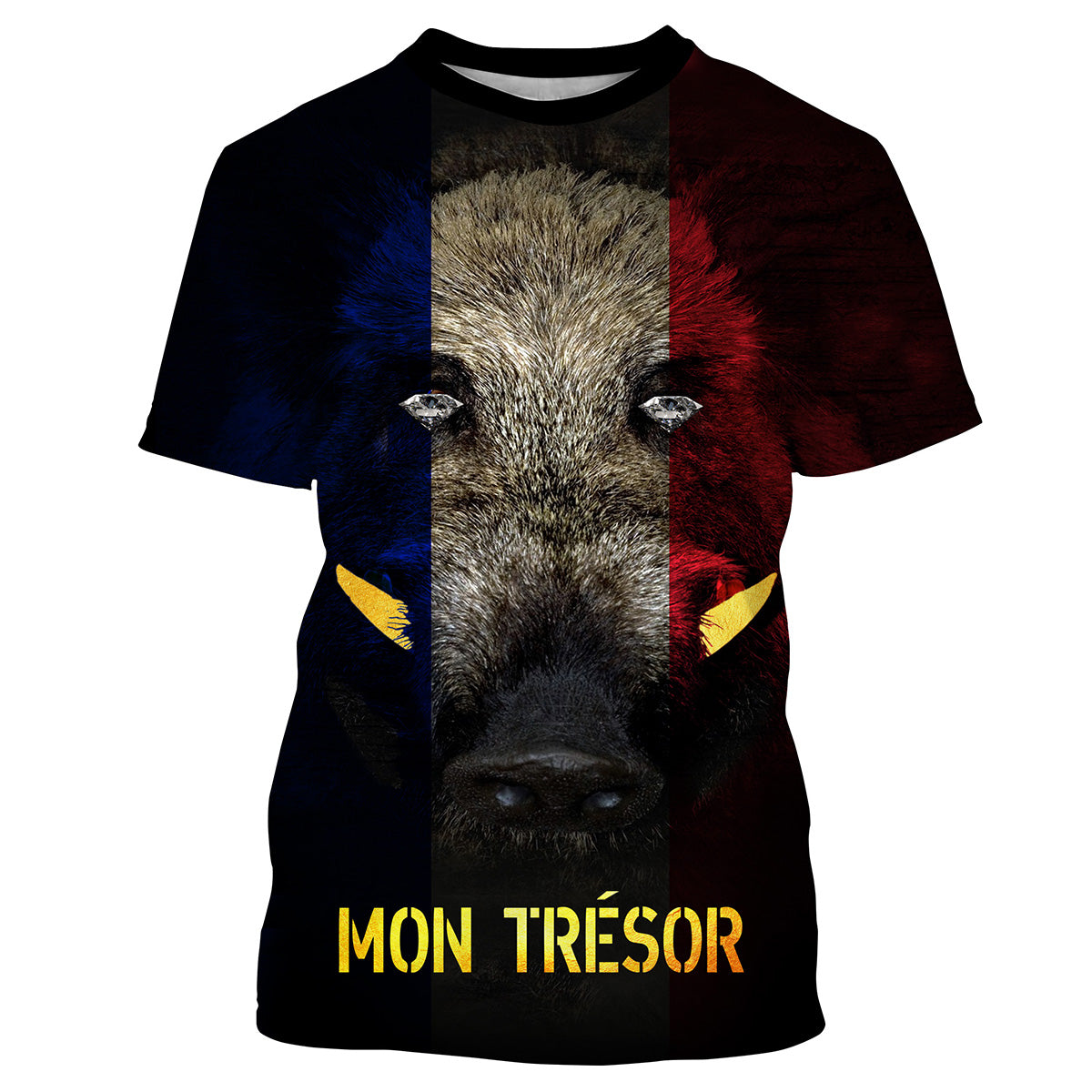 T-shirt all-over chasse sanglier tête majestueuse drapeau France bleu blanc rouge lettrage Mon Trésor doré, vue de face