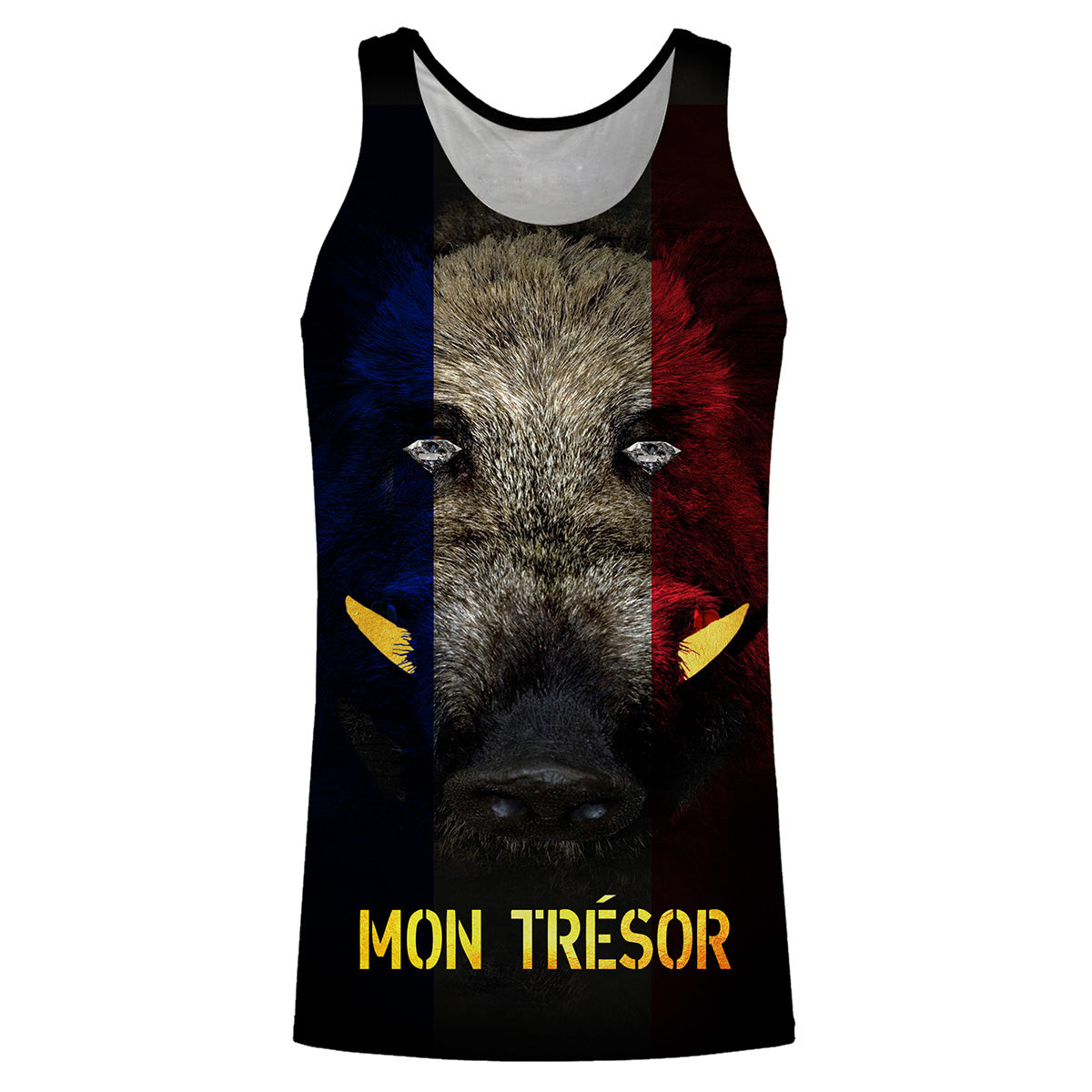 Débardeur all-over chasse sanglier tête drapeau France Mon Trésor