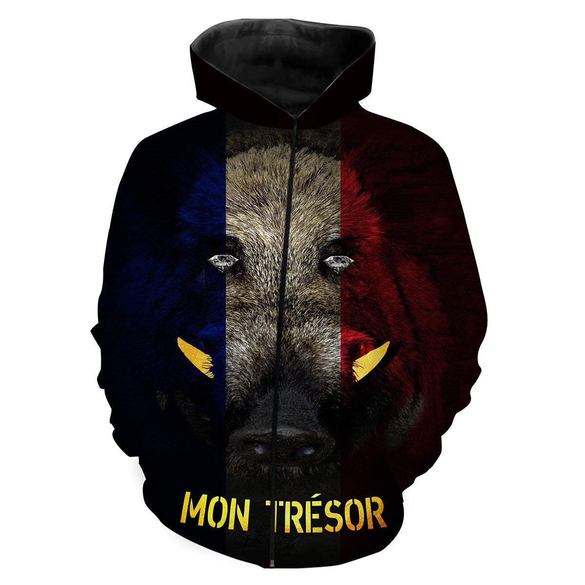 Sweat à capuche zippé chasse sanglier tête drapeau France Mon Trésor