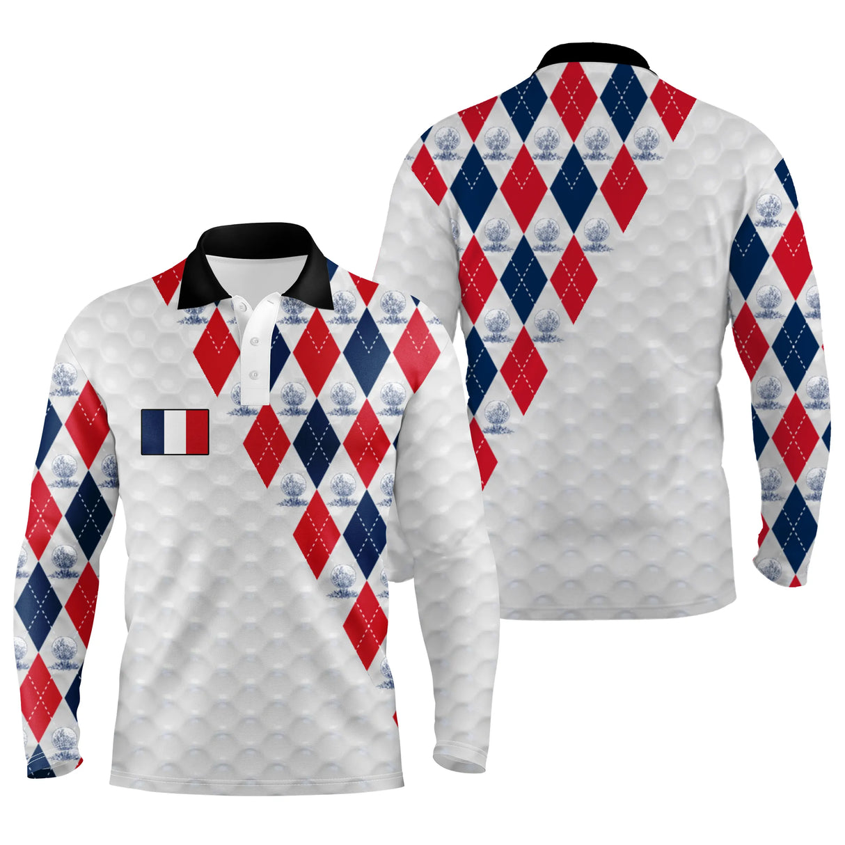 Polo golf manches longues unisexe motif argyle drapeau français, tenue de parcours élégante pour golfeur