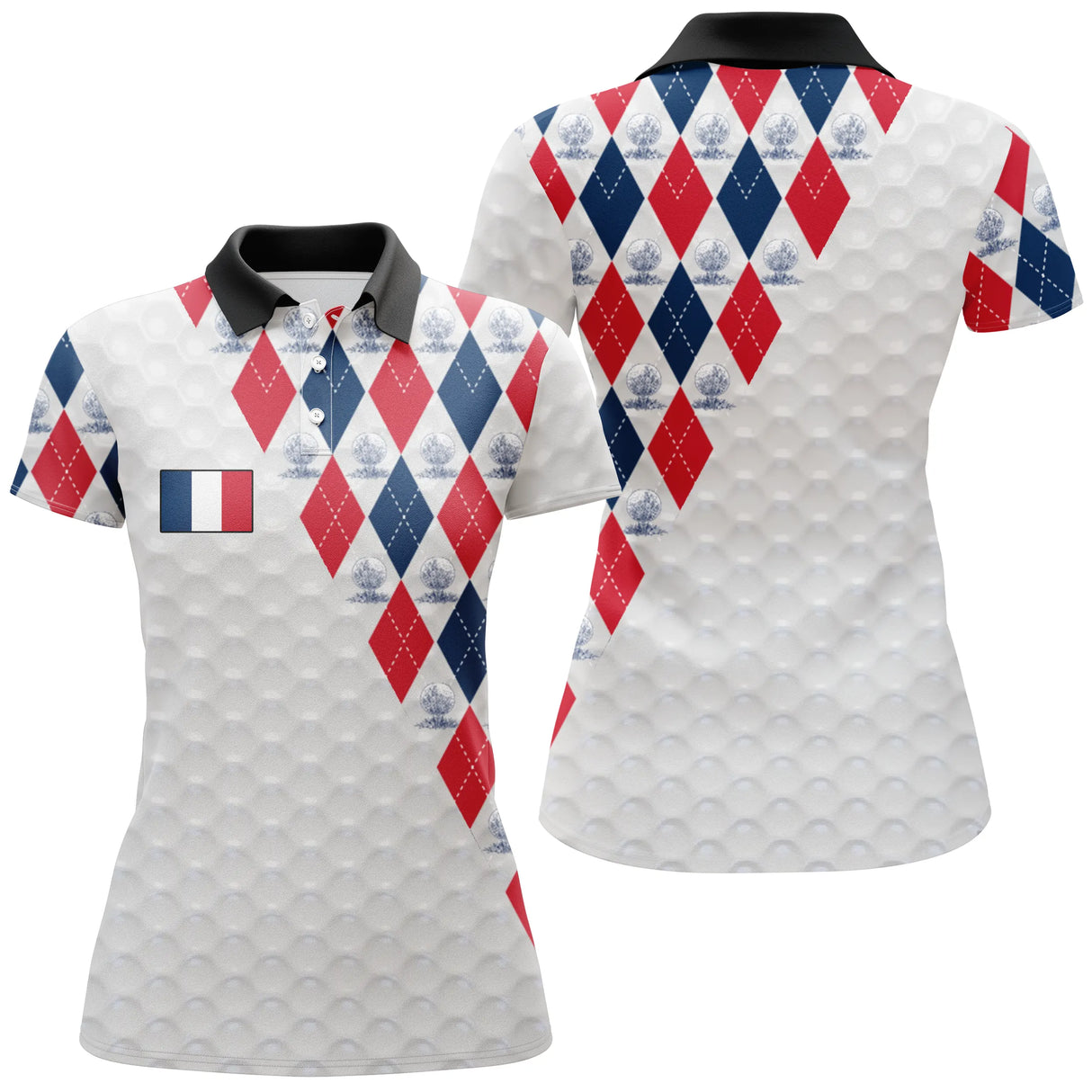 Polo golf homme femme manches courtes argyle France, design patriotique pour parcours et compétition