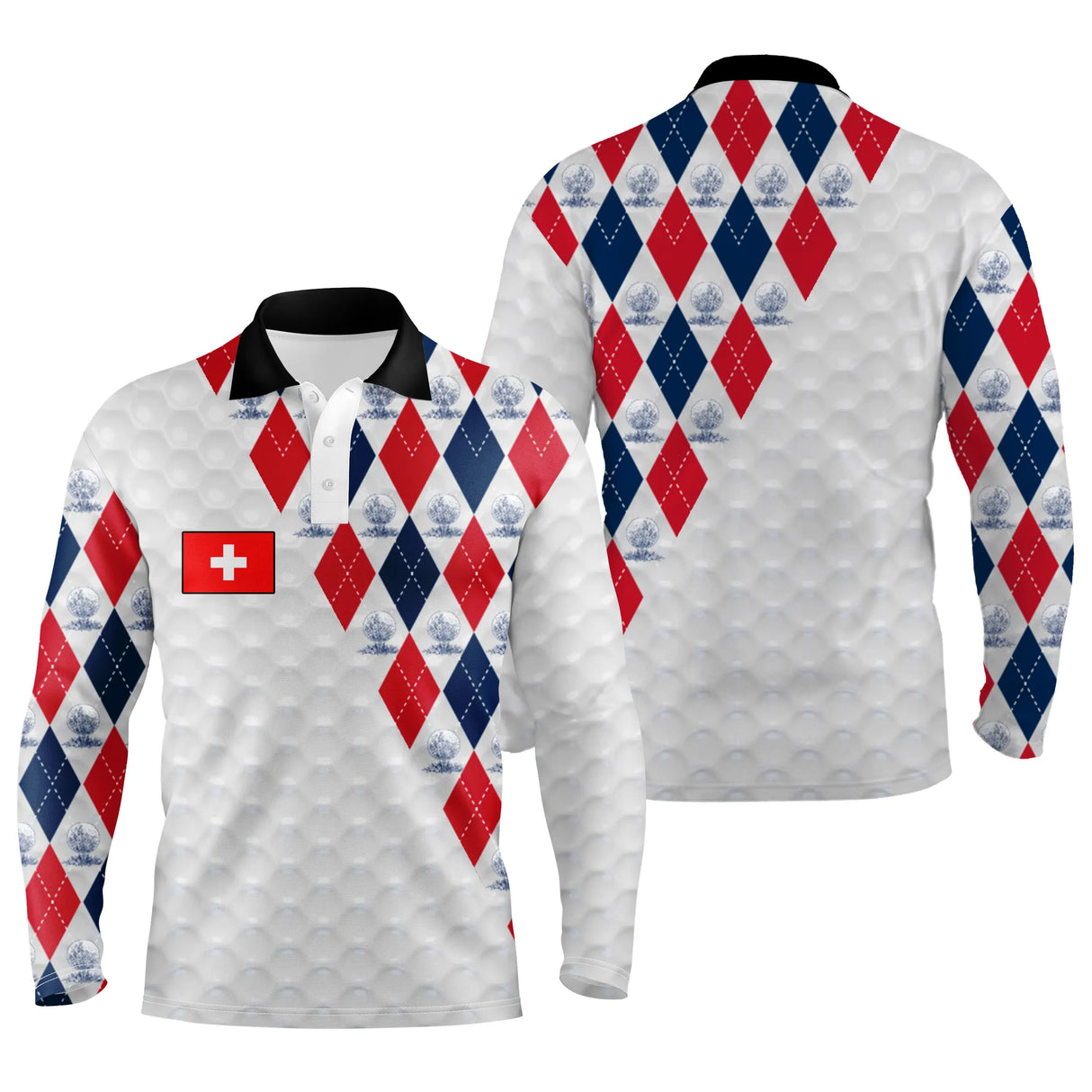 Polo golf manches longues unisexe motif argyle drapeau suisse, tenue de parcours élégante pour golfeur helvétique