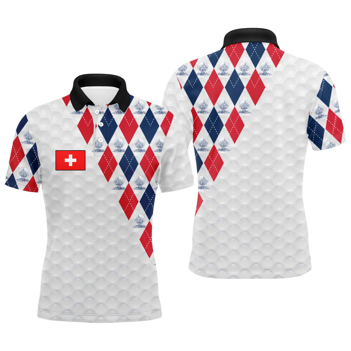Polo golf drapeau Suisse motif argyle losanges rouge blanc bleu avec croix helvétique centrale, fond gaufré balle de golf