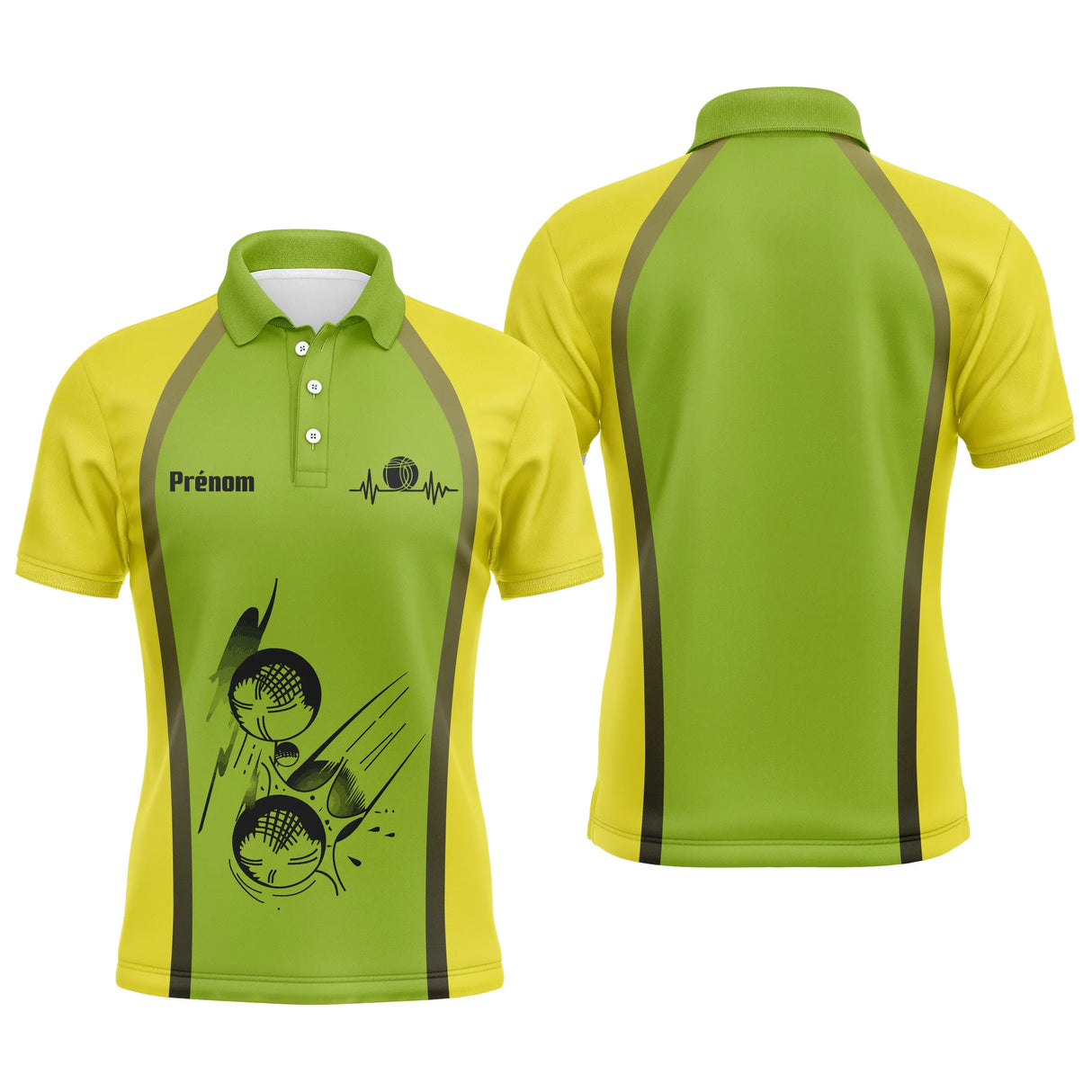 Polo pétanque personnalisé vert pomme jaune anis avec silhouettes boules et cochonnet, prénom imprimé sur manche