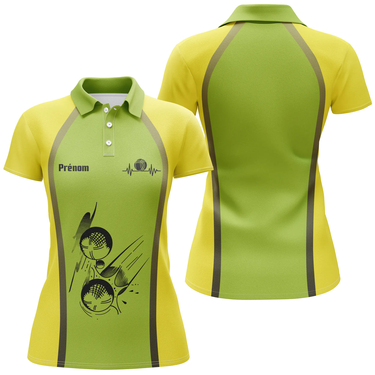 Polo pétanque homme femme manches courtes vert jaune, design boules pour bouliste personnalisable