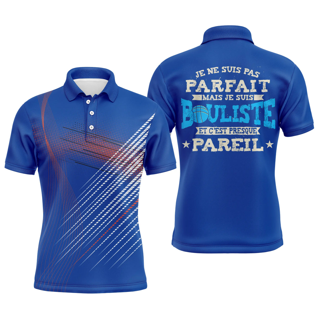 Polo pétanque bleu humour avec lettrage Je ne suis pas parfait mais je suis bouliste et lignes graphiques rouges