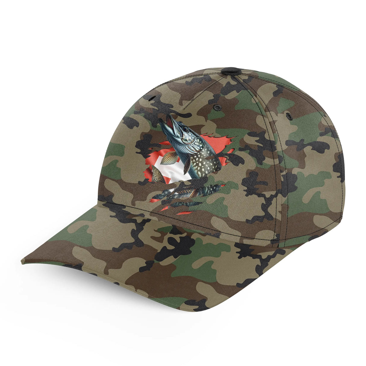 Casquette pêche brochet camouflage militaire vert kaki drapeau Suisse brochet saut helvète unisexe