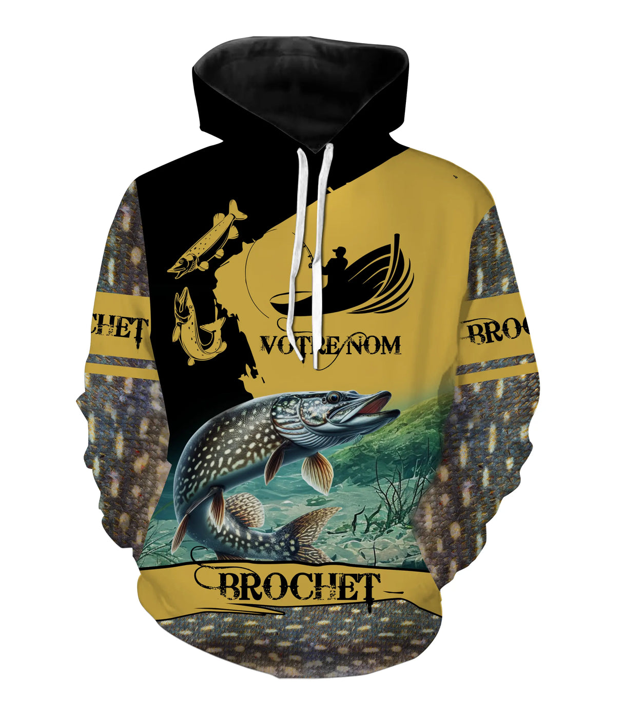 Hoodie pêche brochet noir et jaune motif all-over carnassier doré personnalisé prénom pêcheur