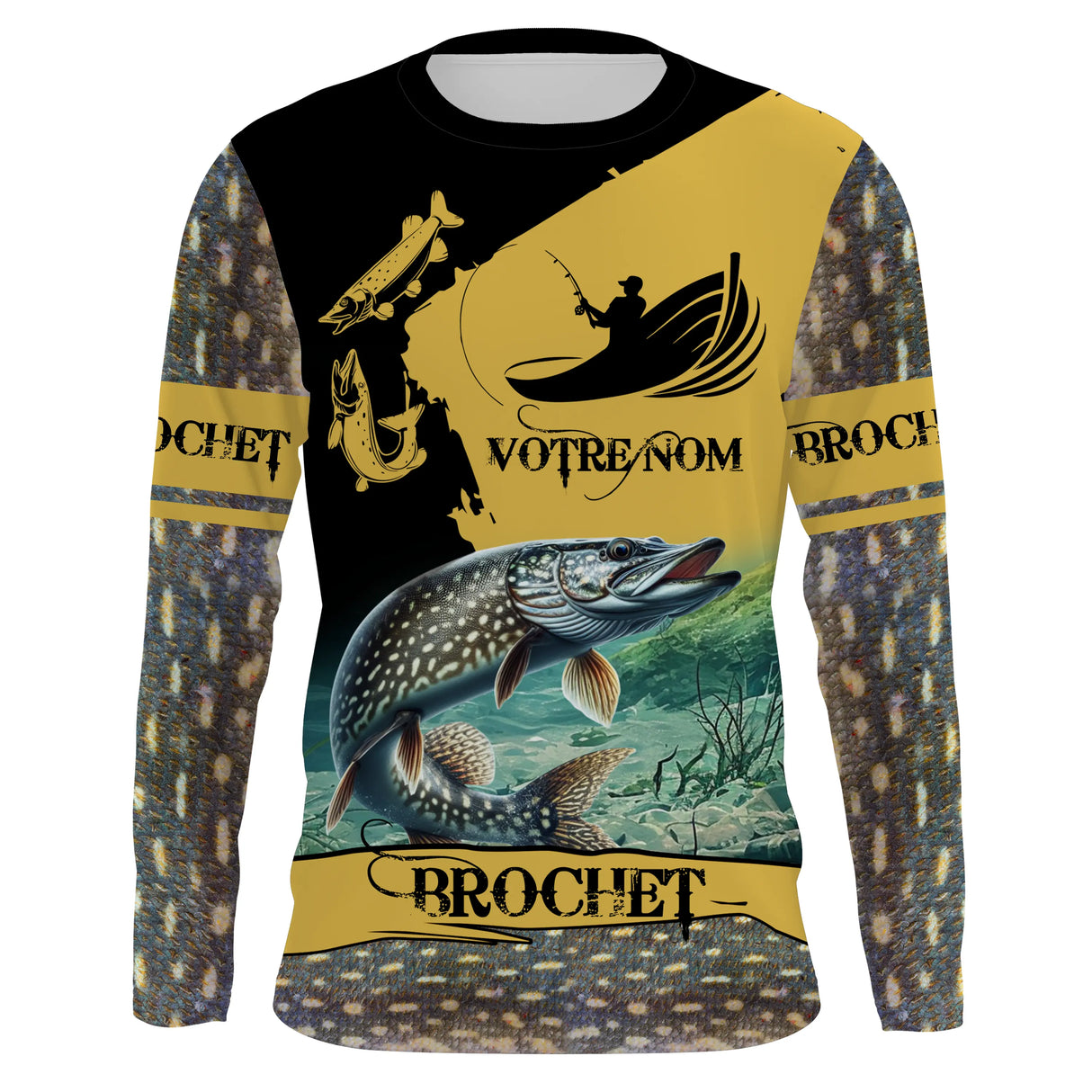 Maillot UV manches longues pêche brochet noir et jaune motif carnassier all-over personnalisé prénom