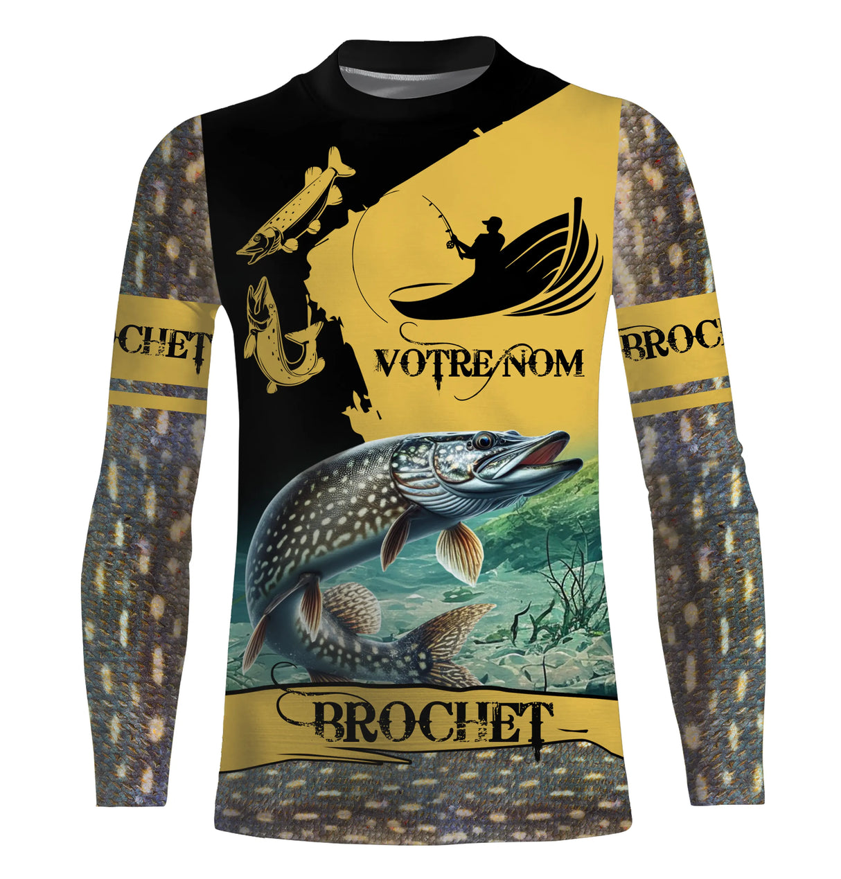 Maillot UV unisexe pêche brochet noir jaune motif all-over carnassier pour pêcheur AAPPMA