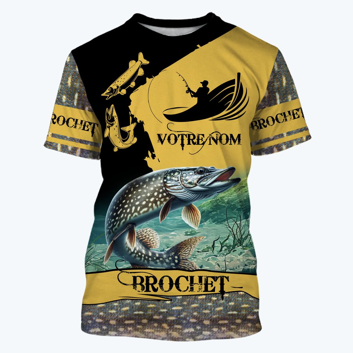 Sweat capuche pêche brochet noir et jaune motif brochet doré integré aux fibres impression sublimation