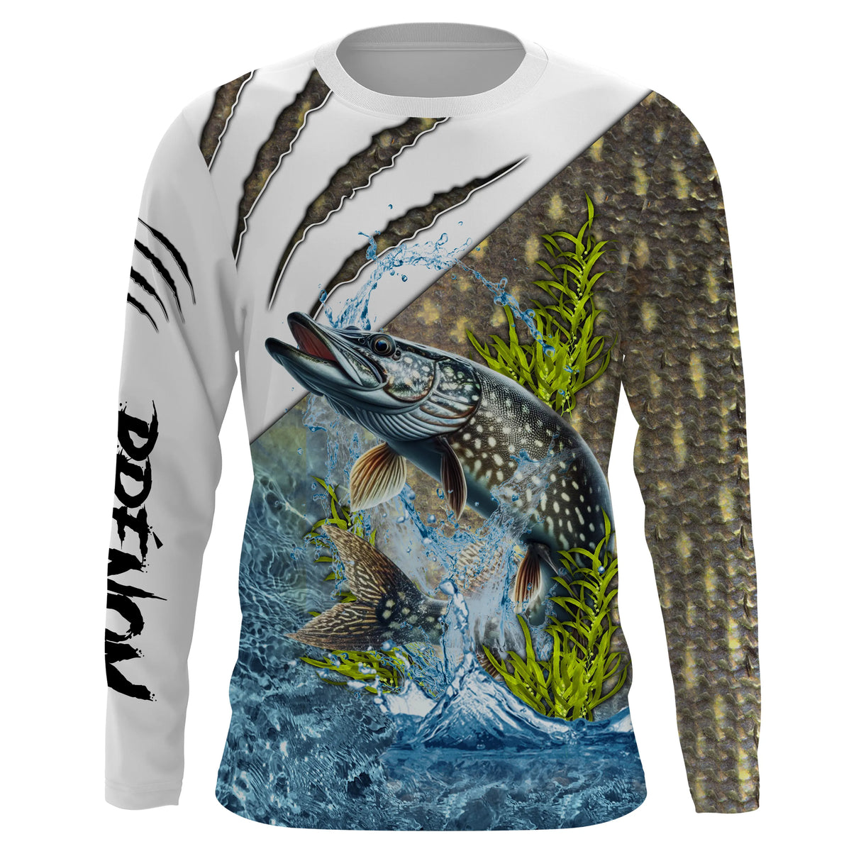 T-shirt manches longues pêche brochet vert eau, design halieutique personnalisable au prénom
