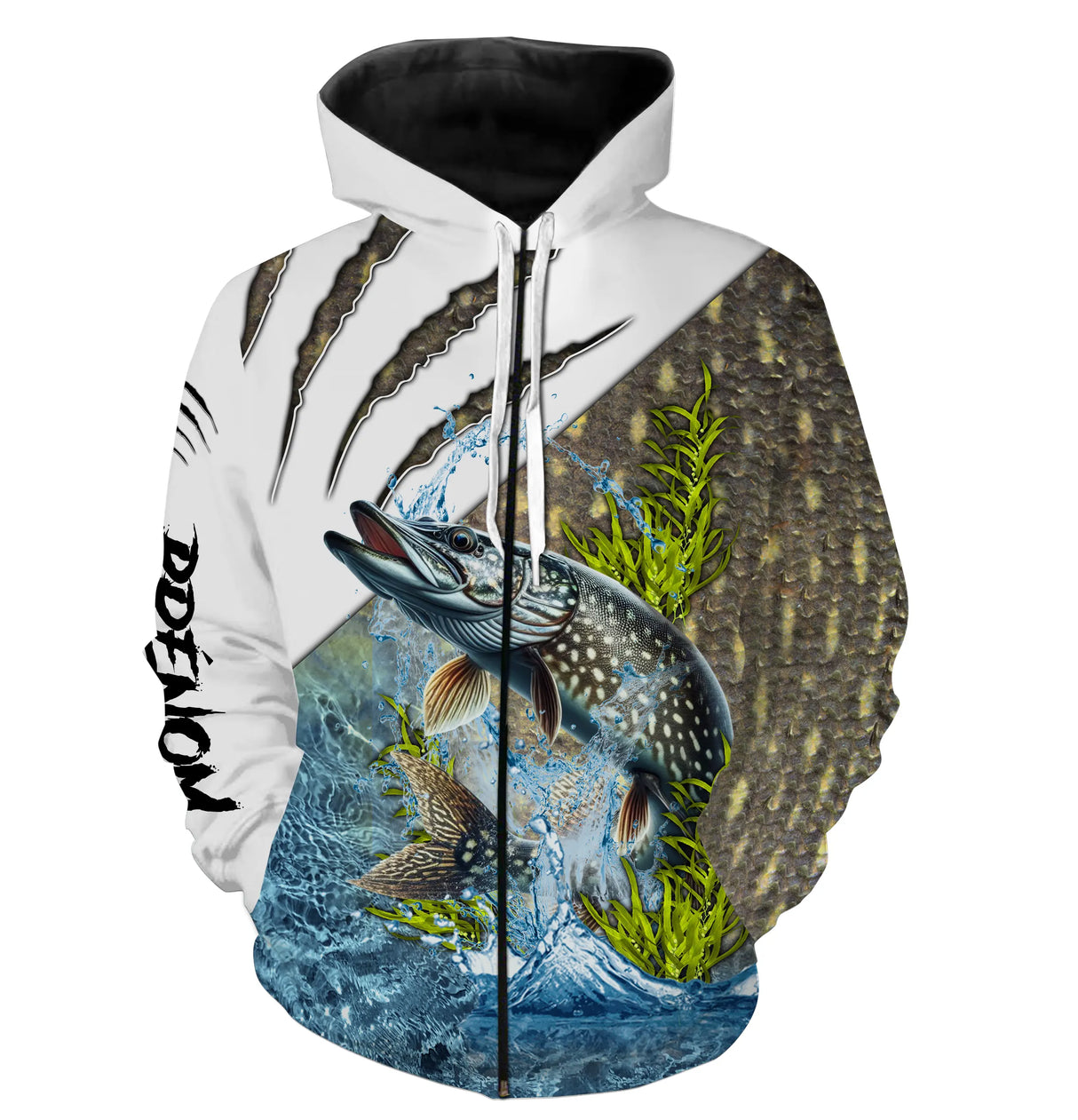 Anti-UV à capuche pêche brochet protection solaire, motif carnassier et prénom pour pêcheur