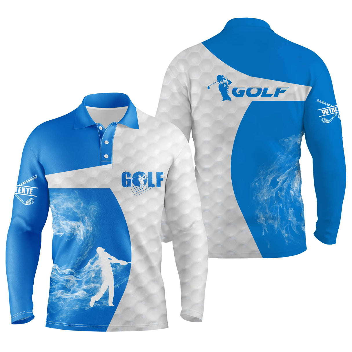 Polo manches longues golf unisexe bleu royal silhouette golfeur swing flamme fumée tissu respirant