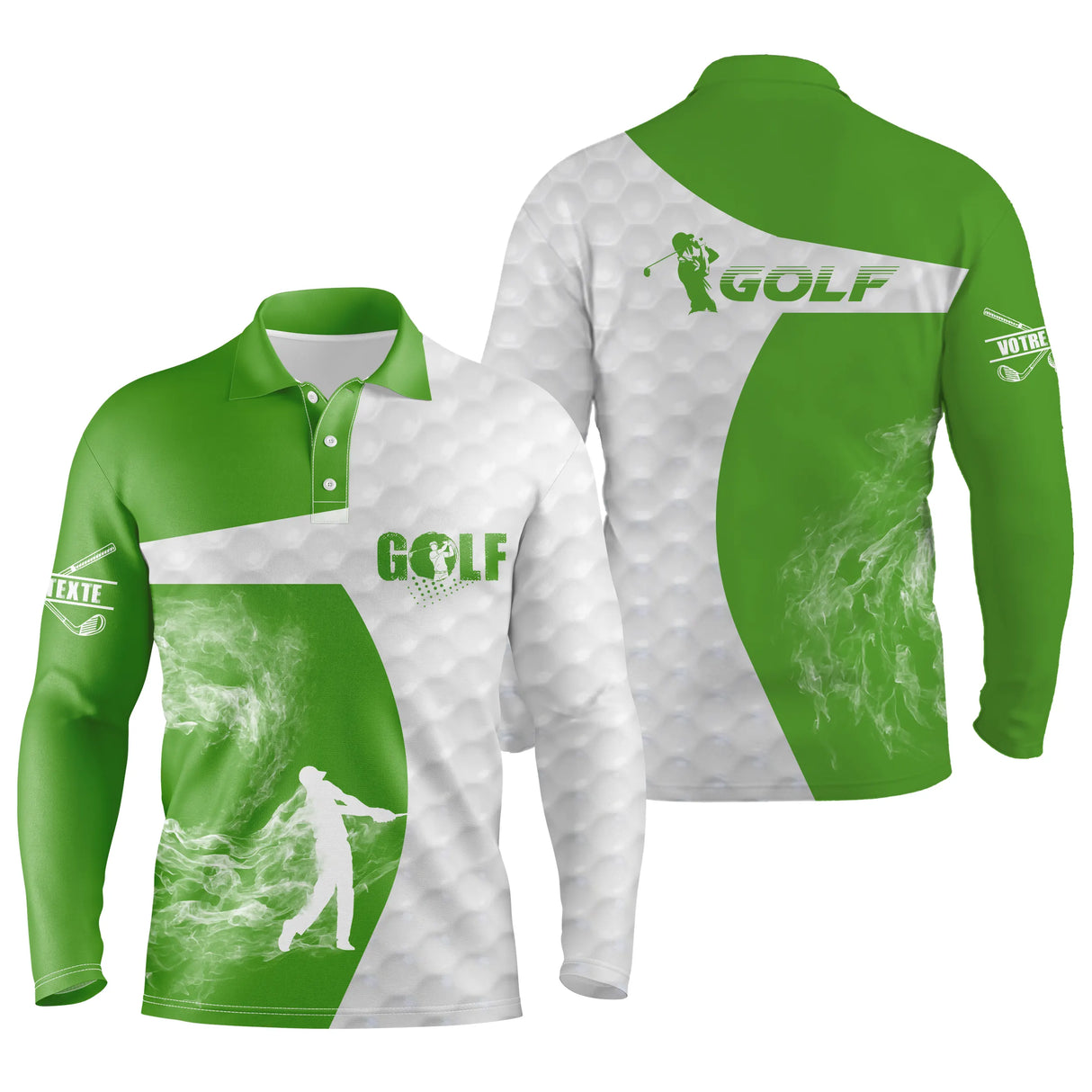 Polo manches longues golf unisexe vert prairie silhouette golfeur swing flamme fumée tissu respirant