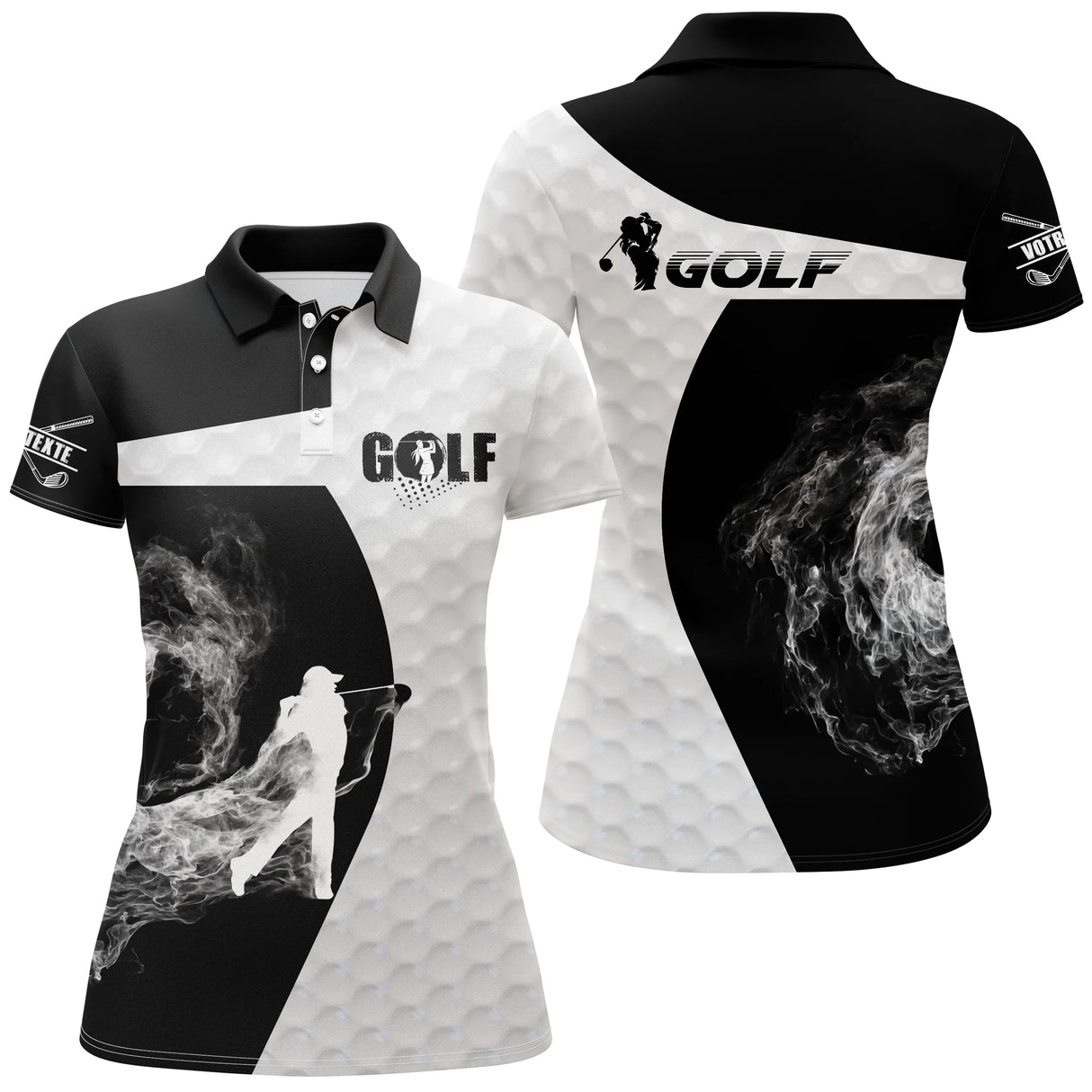 Polo golf femme noir silhouette golfeur swing flamme fumée blanche coupe cintrée tissu respirant