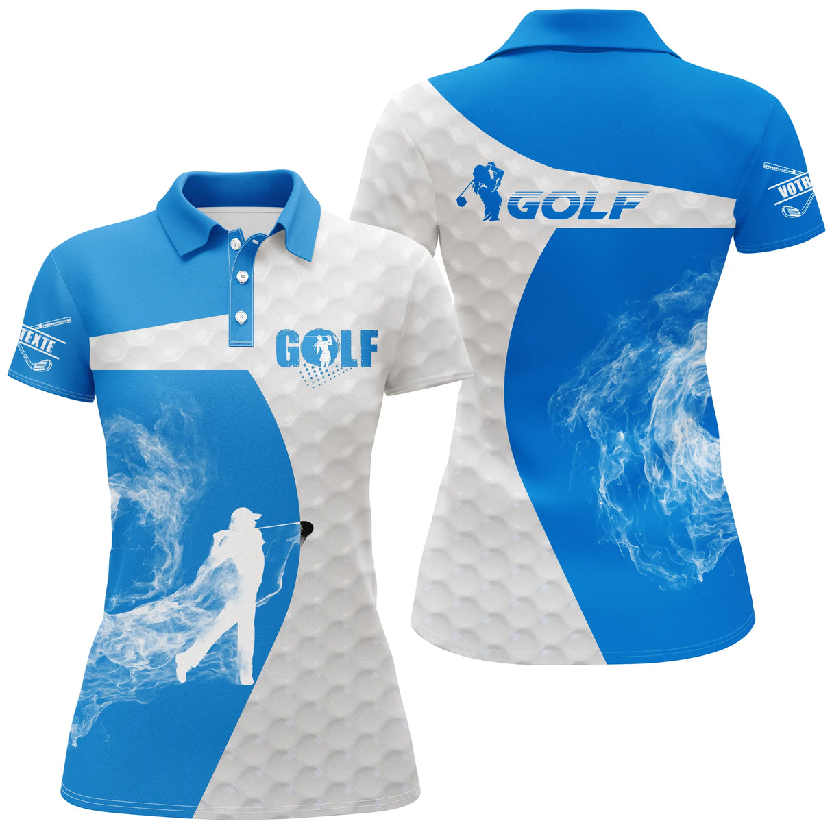 Polo golf femme bleu royal silhouette golfeur swing flamme fumée blanche coupe cintrée tissu respirant