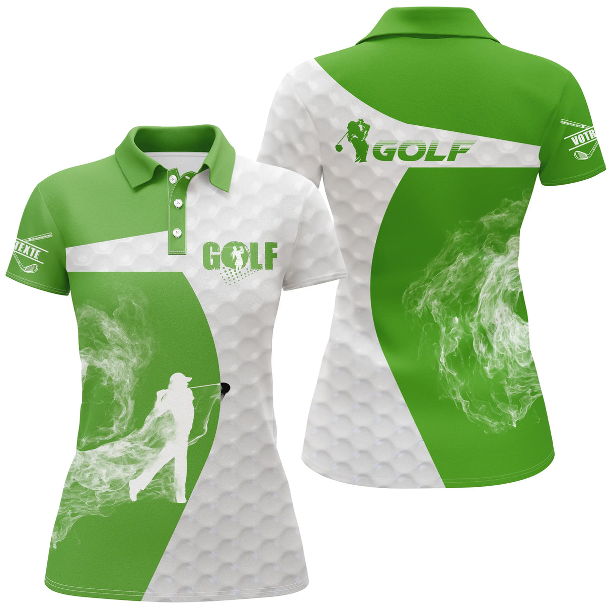 Polo golf femme vert prairie silhouette golfeur swing flamme fumée blanche coupe cintrée tissu respirant