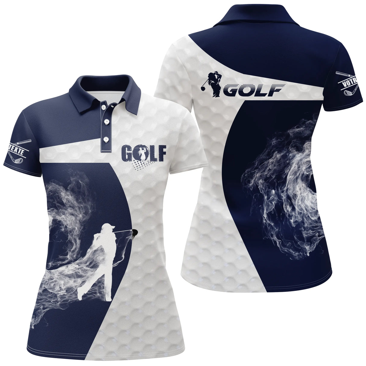 Polo golf femme bleu marine silhouette golfeur swing flamme fumée blanche coupe cintrée tissu respirant