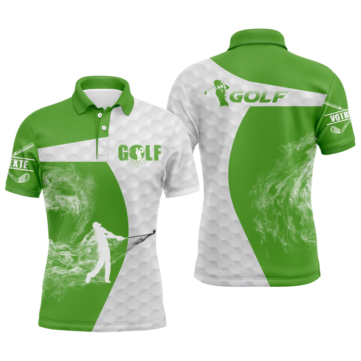 Polo golf homme vert prairie silhouette golfeur swing flamme fumée blanche typographie GOLF séchage rapide