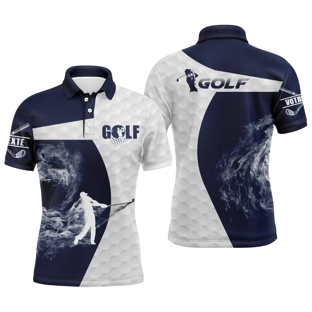 Polo golf homme bleu marine silhouette golfeur swing flamme fumée blanche typographie GOLF séchage rapide