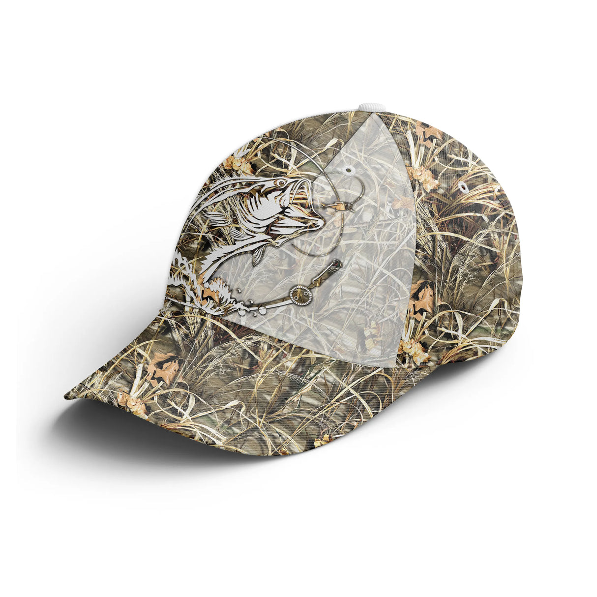 Casquette pêche bar camouflage roseaux réaliste bar stylisé estuaire pêcheur côtier unisexe