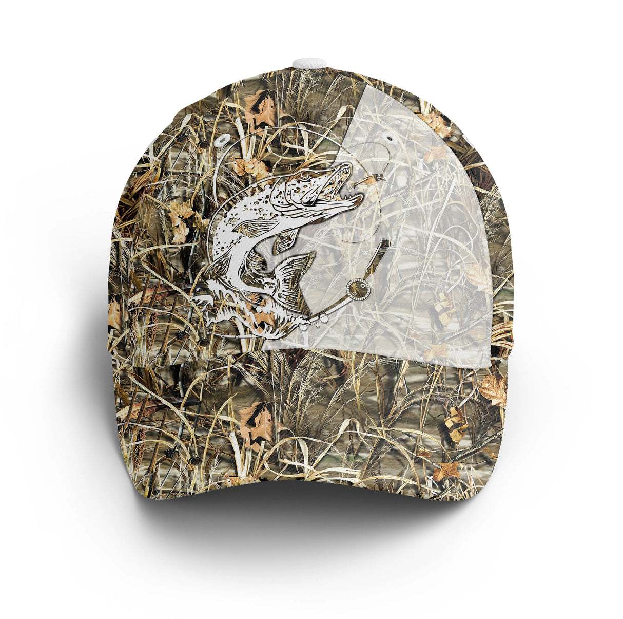 Casquette brochet camouflage roseaux brun ocre traqueur étang nature unisexe
