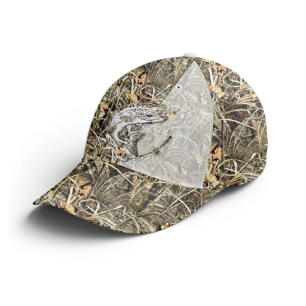 Casquette pêche brochet camouflage roseaux réaliste brochet stylisé étang carnassier eau douce unisexe