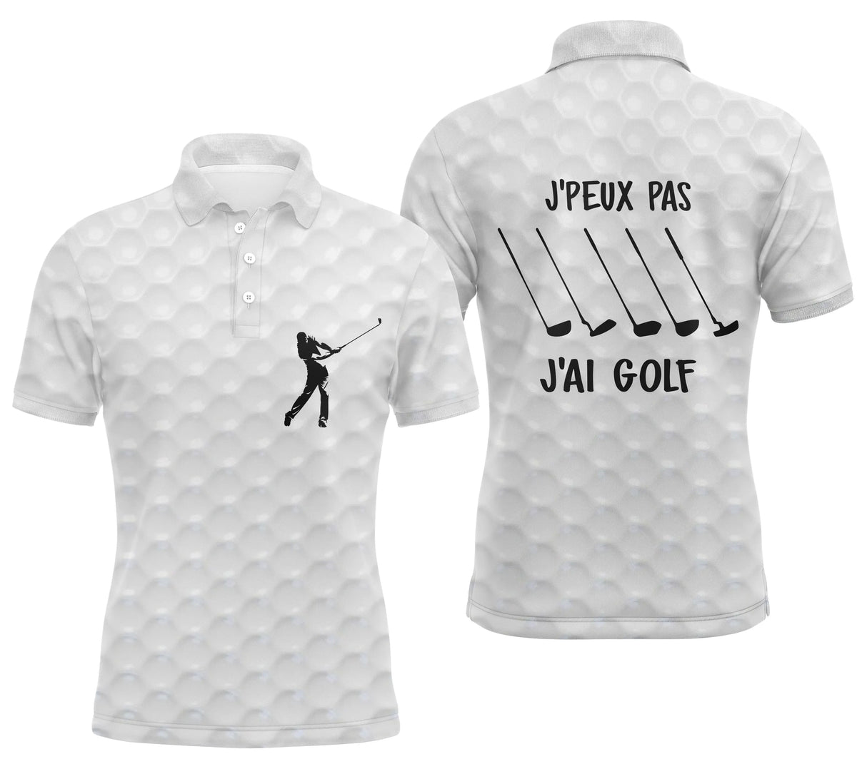 Polo golf blanc homme avec effet balle de golf, slogan J'peux pas j'ai golf et clubs alignés