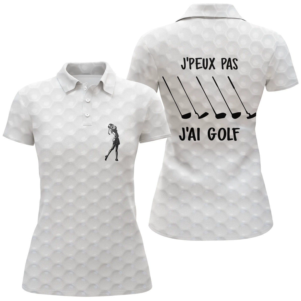 Polo golf blanc femme avec inscription humoristique J'ai golf et silhouette golfeur en swing
